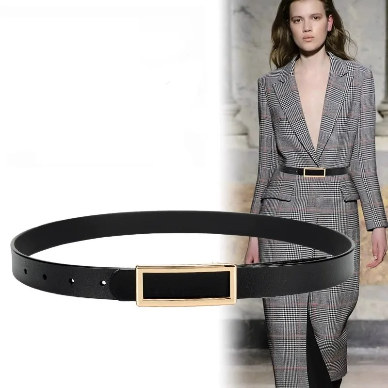 

Fashion Cowskin Belt Women Genuine Leather Belts Waist Belt Gold Solid Color Rectangle Buckle Waistband for Pants Jeans