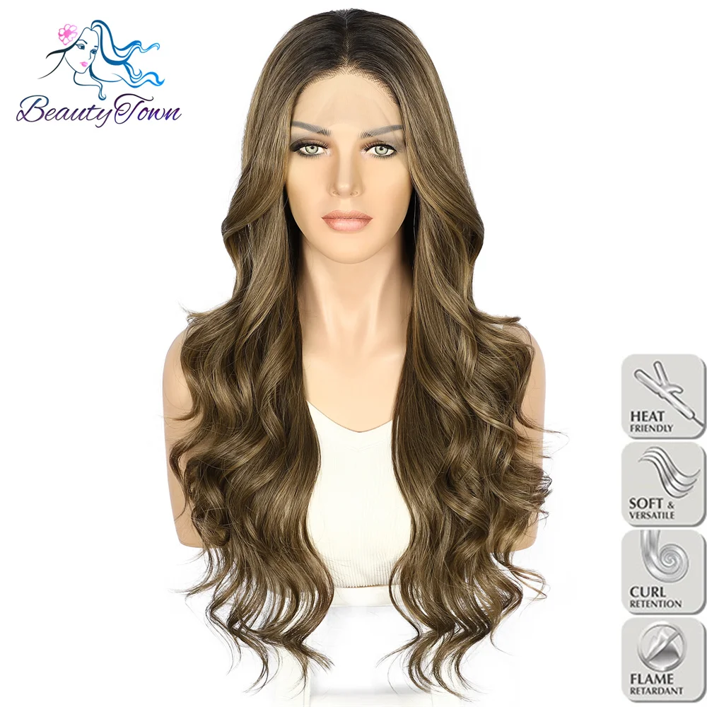 New Autumn 2023 13x3 Synthetic Lace Front Wig Dark Brown Highlight Long Wavy Swiss Transparent Lace Women Daily Wear Wig