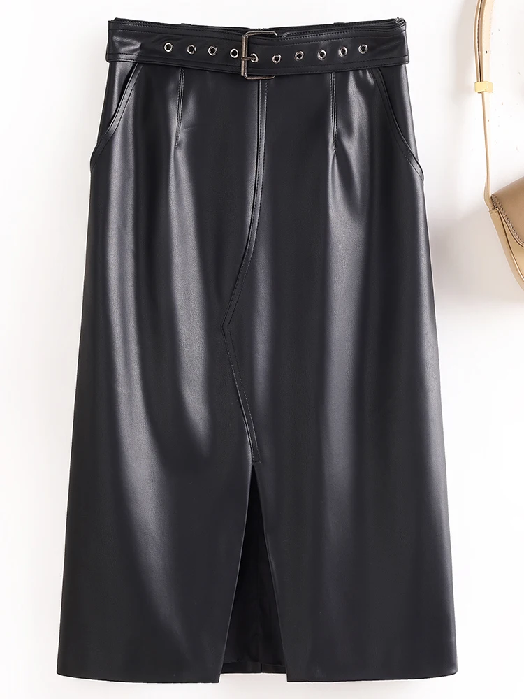 Leather half skirt women's autumn and winter new high waist slimming commute trendy mid long style split half skirt