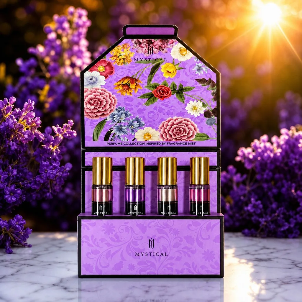 MYSTICAL 4pcs Women's Perfume Variety Gift Set, Long Lasting EDP Fragrance Selection for Tropical Vacations, Romantic Dinners & Daily Wear, Satin Rose, Silky Peach & Exotic Coconut, 0.68oz X 4 Portable Sprays, Luxury Beauty Scent Wardrobe for Her