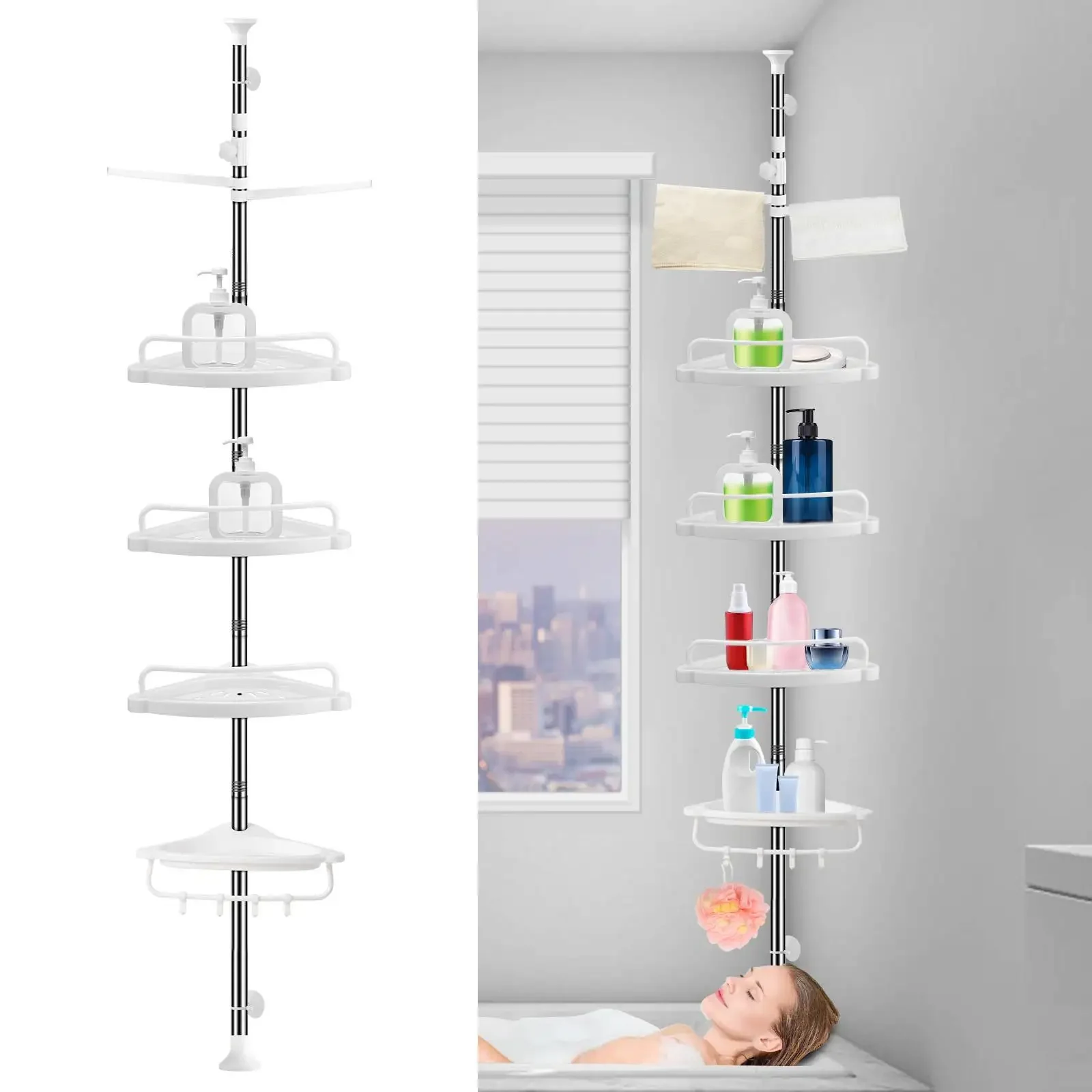 Shower 4 Corner Organizer Racks Tier Caddy Shower Adjustable Pole Tension Bathroom Caddy Shelf Home Rustproof Height 8-10ft