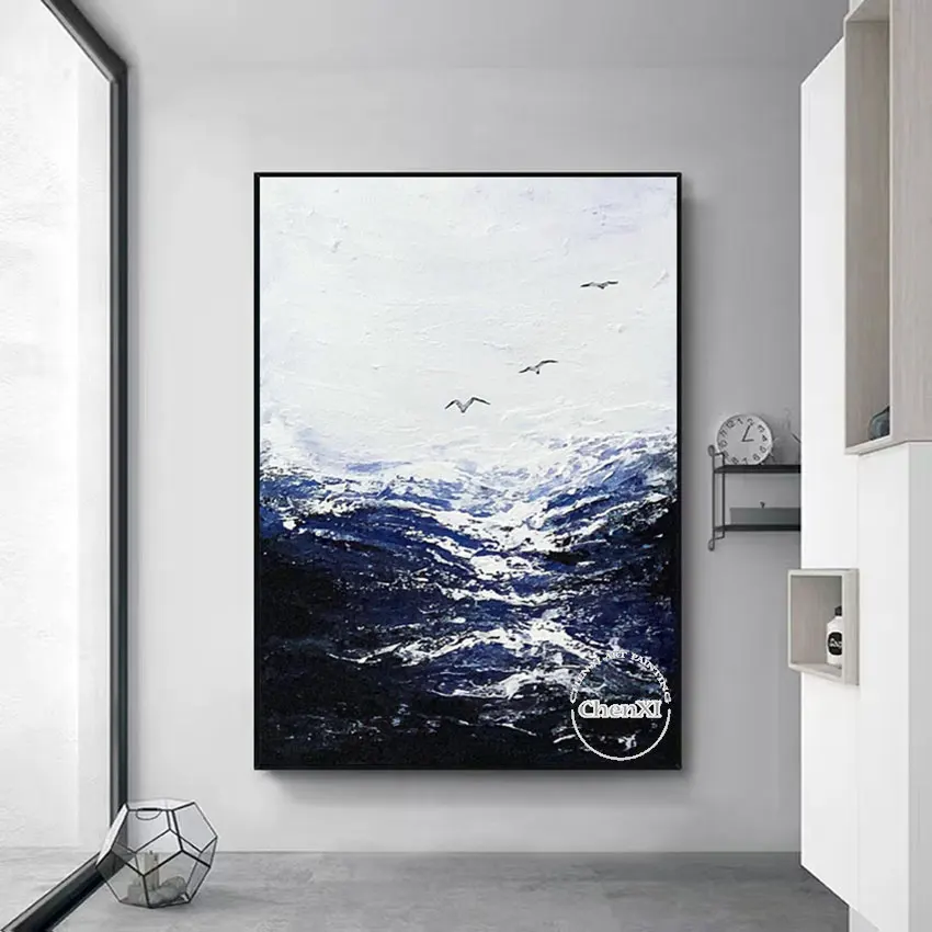 

Handmade Abstract Knife Sea Wave Seagull Oil Painting Canvas Picture Wall Art Hand Item Hotel Artwork Wall Decoration Piece
