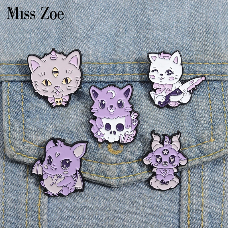 Cute But Creepy Enamel Pins Custom Skeleton Cat Bat Satan Brooches Lapel Badges Punk Gothic Animal Jewelry Gift for Friends