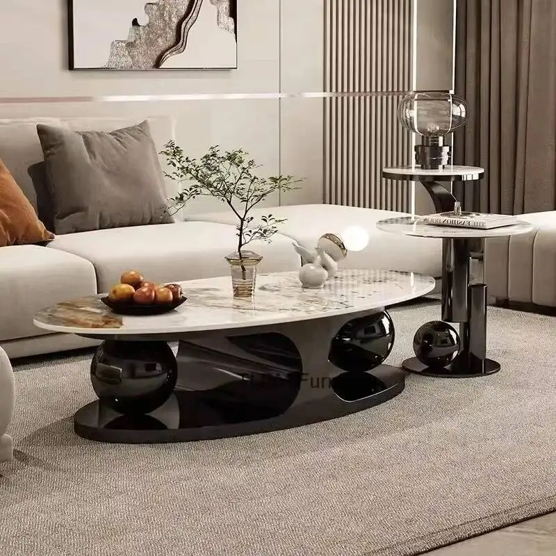 Furniture Nordic Italian Iron Tables Bright Living Room Rock Home Plate Art Coffee Corner Table Light Luxury Oval Side Table Set view 5