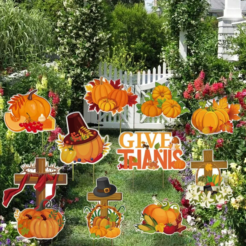 

10Pcs Thanksgiving Yard Decorations With Ground Stake Waterproof Quick Easy Install Pumpkin Pattern Yard Garden Lawn Art Decor