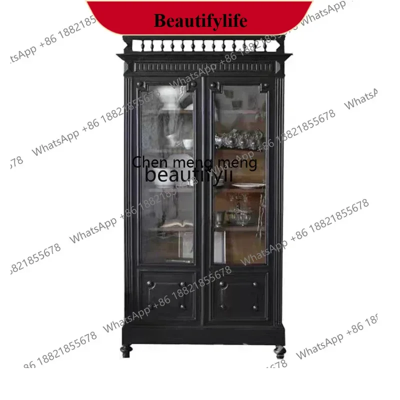 

D178 Y American solid wood wine cabinet French bookcase retro glass dining side decoration display cabinet