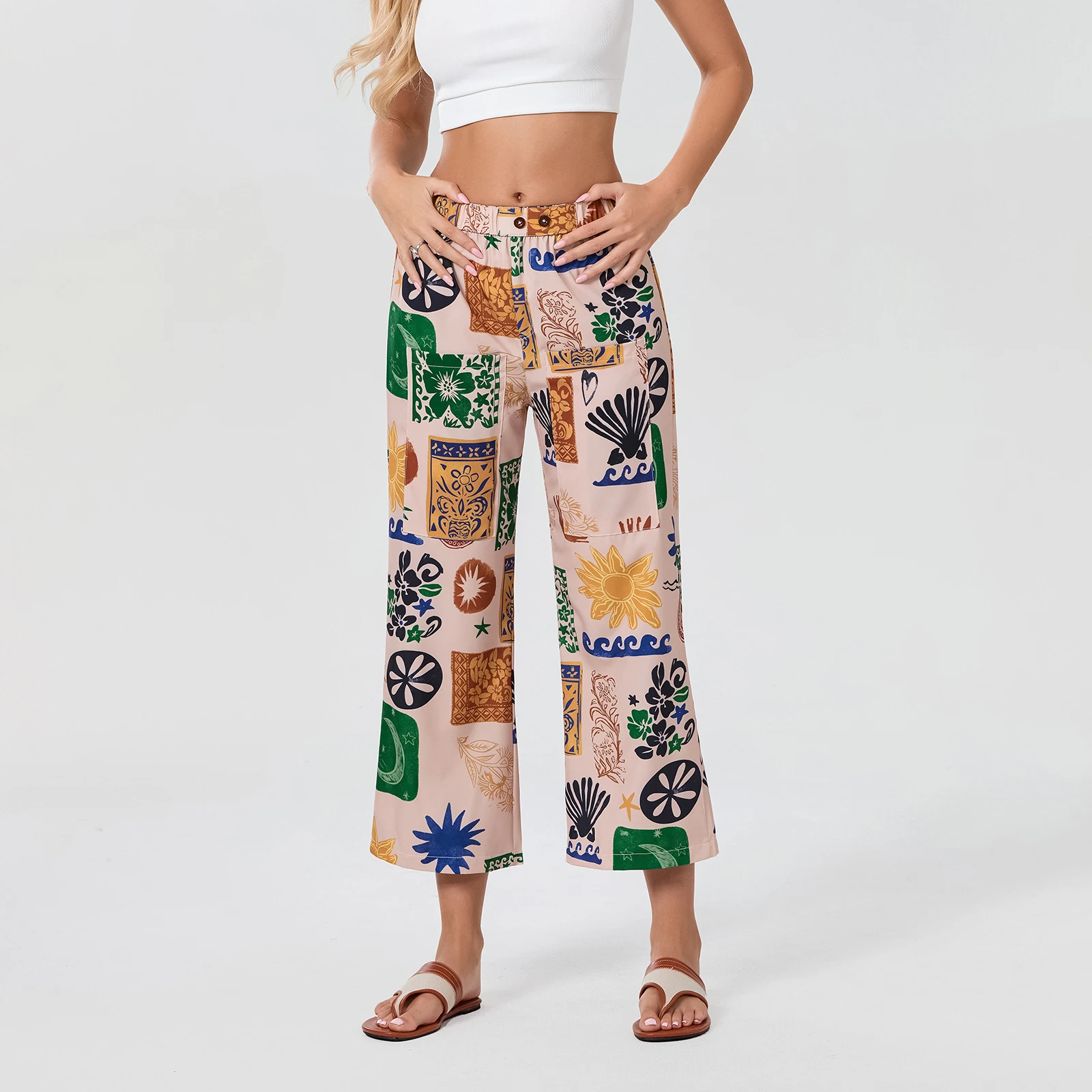 Pantalon à jambes larges imprimé vintage pour femmes, bande élastique adt, longueur mollet, fjStreetwear pour bas décontractés 03/Lounge