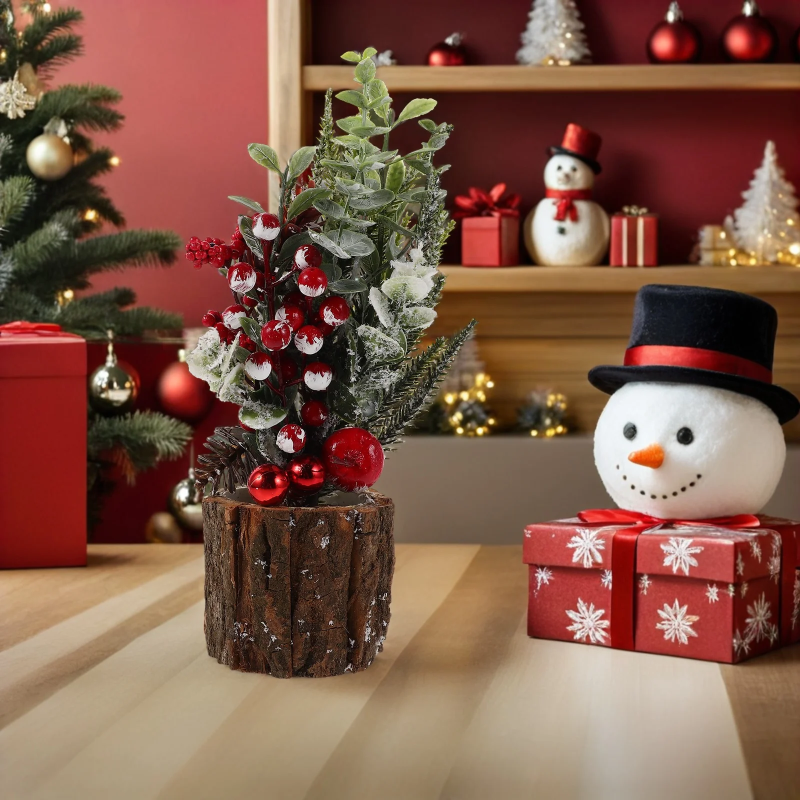

Simulated Christmas Tree Tabletop Centerpiece Wooden Barrel Berry Stem Picks Iron