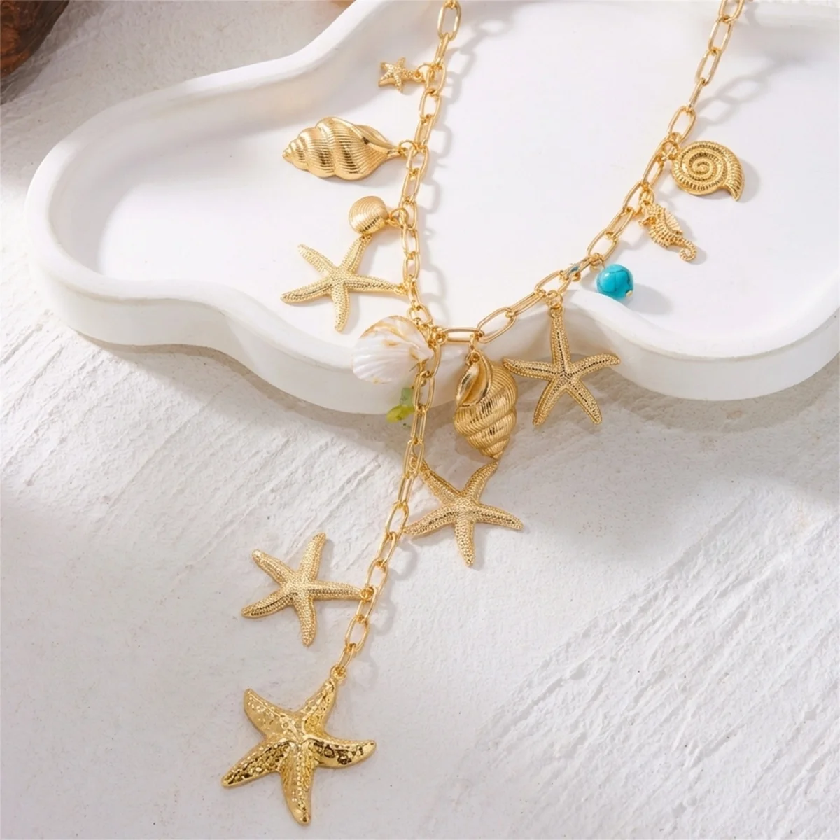 Boho Sommer Strand Metall Seestern Muschel Seepferdchen Anhänger Y-förmige Halskette für Damen und Herren, Seestern Urlaubs-Choker Schmuck – Detail 14