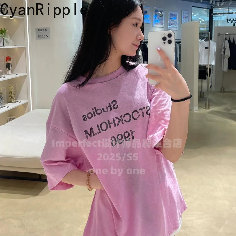 Fashionable Spring Summer Couple T-shirts Spray Dyeing Letters Printed Round Neck Pullover Top Vintage Short Sleeve Loose Tees