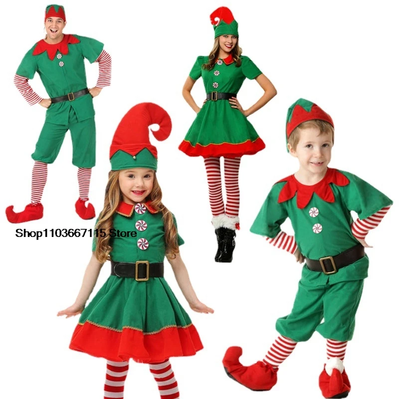 New Christmas Children's and Adult Christmas Costumes Santa Claus Green Elf Costumes Cosplay Christmas performance Outfits