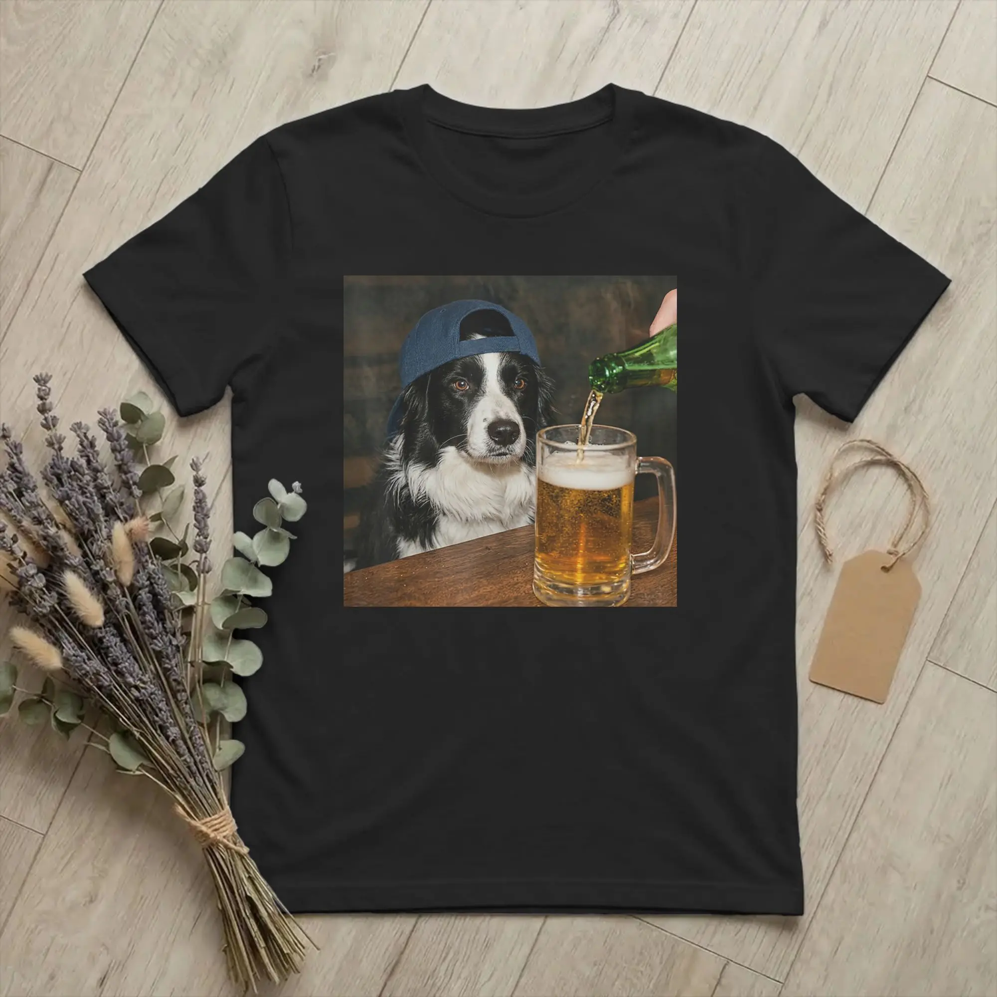 Men's Border Collie Drinking Beer T Shirts Funny Dog Meme Cotton merchandise Vintage Short Sleeve Crewneck Tees Printed T-Shirt