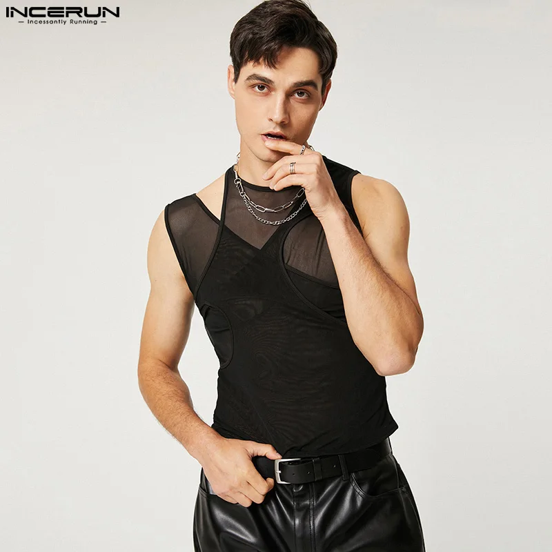 INCERUN Men Tank Tops Hollow Out Mesh Transparent Streetwear Solid O-neck Sleeveless Vests Men 2023 Sexy Party Nightclub Tops