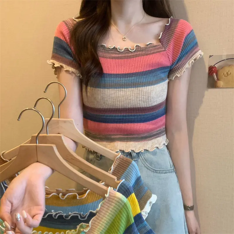 Rainbow Striped Square Neck Elastic Short Sleeve T-shirt Women Fashion Fungus Side Casual Versatile Thin Summer New Knitted Tops