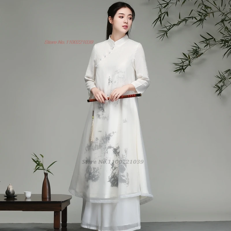 

2024 traditional chinese vintage zen meditation suit retro tea service hanfu national flower print chiffon qipao dress+pants set