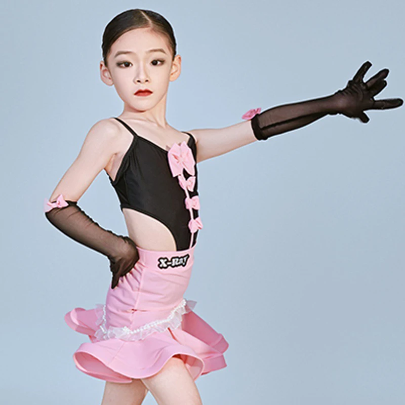 2023 New Latin Dance Dress Girls Cute Pink Bow Performance Suit Kids Cha Cha Rumba Practice Clothes Competition Dress DNV18298