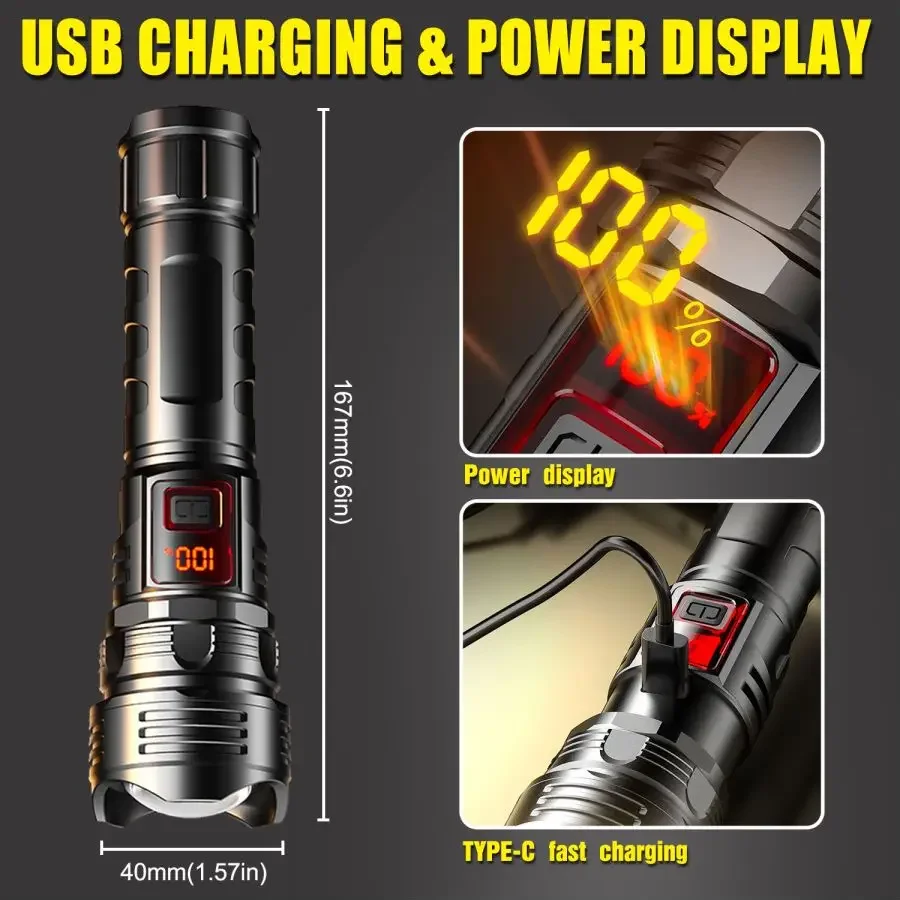 Most Powerful LED Flashlight Portable Built-in Battery Powered Flashlights Outdoor Emergency Torch USB Rechargeable Flashlight