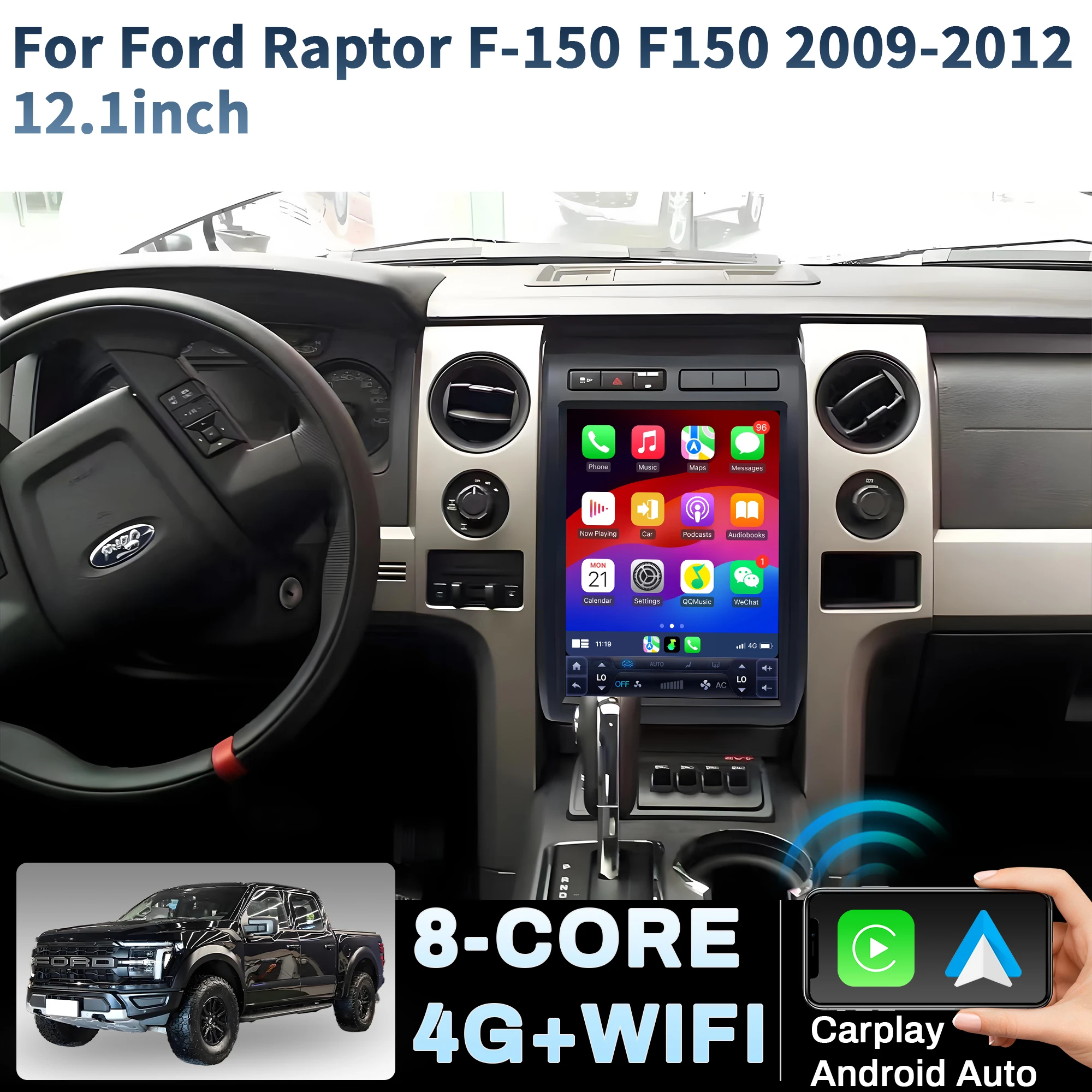 12.1 inch Car Radio For Ford Raptor F-150 F150 2009-2012 Android 14 4G Head Unit Wireless Bluetooth CarPlay Touch Screen Stereo