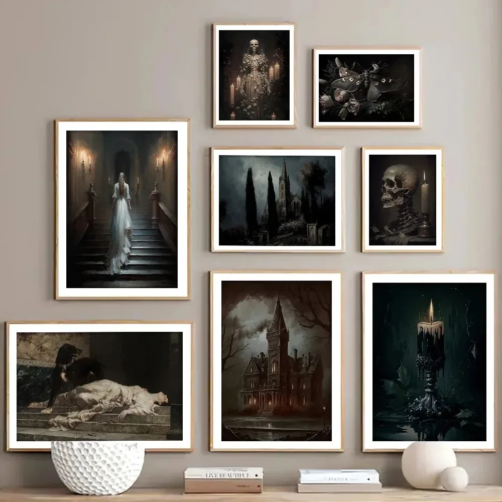 Dark Academia Art Poster Prints For Gallery Living Room Decor Gothic Skull Haunted House Ghost Bride Canvas Painting Wall Art