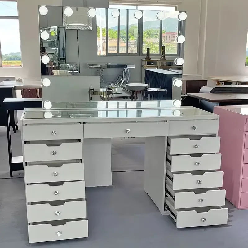 Italian Modern Simple Dressing Table with Tempered Glass Light Makeup Vanities for Wedding Bedroom