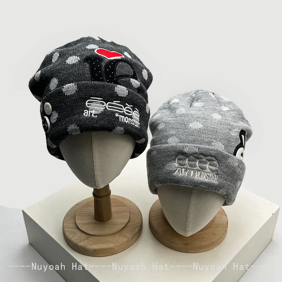 New Men Women Polka Dot Letter Love Embroidery Button Knitted Hats Warm Personal Versatile Korean Beanies Niche Fashion Retro 2