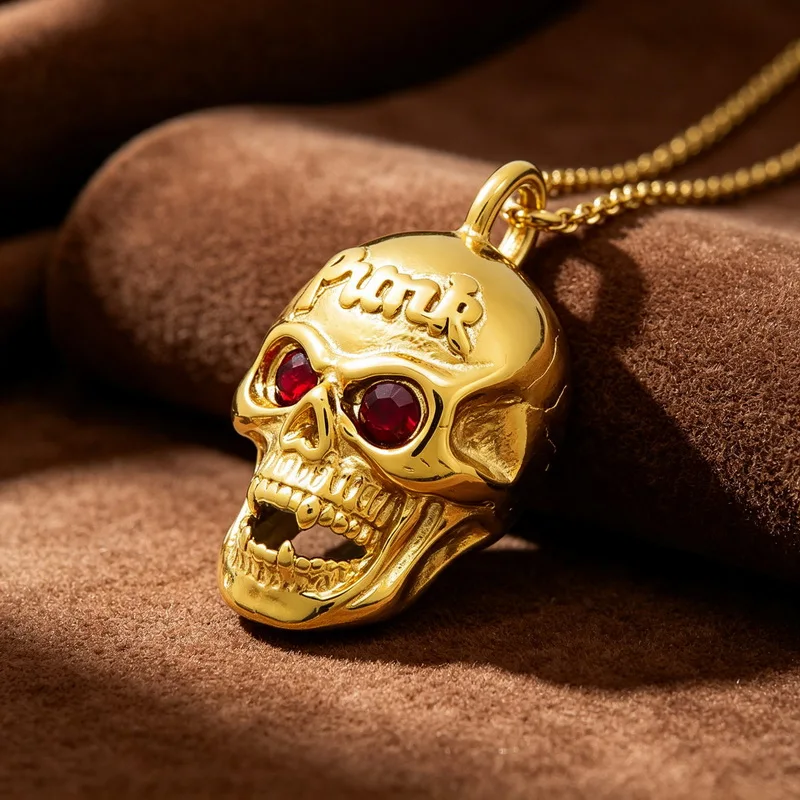 Kalen Gothic Red Stone Eye Skull Pendant Necklace for Men Punk Rock Stainless Steel Biker Party Jewelry O-Chain Accessory Gifts