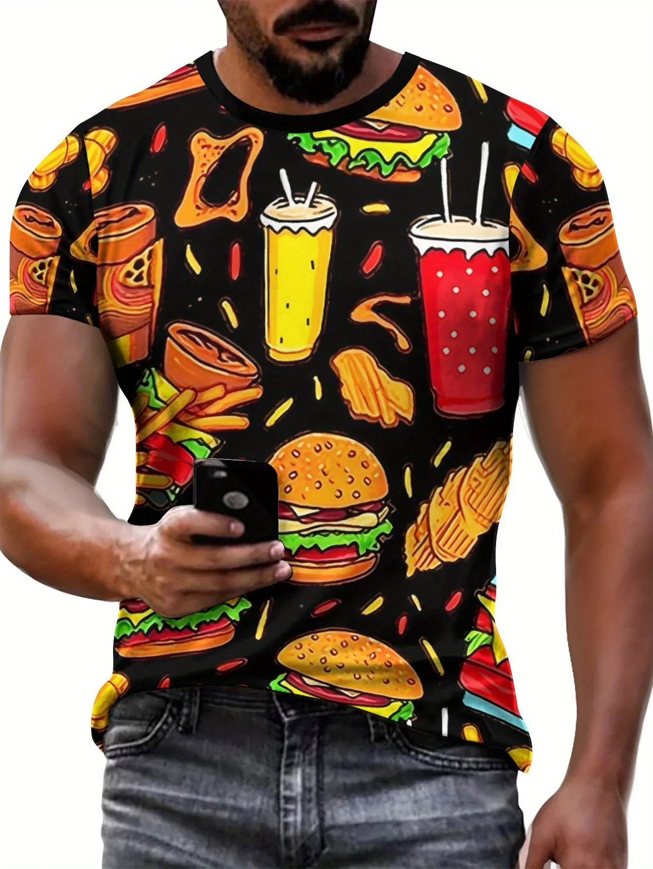 Fashion Men's Fast Food Print T-Shirt Summer Funny Hamburger Fries Cola Graphic Tee Hip Hop Streetwear Casual Short Sleeve