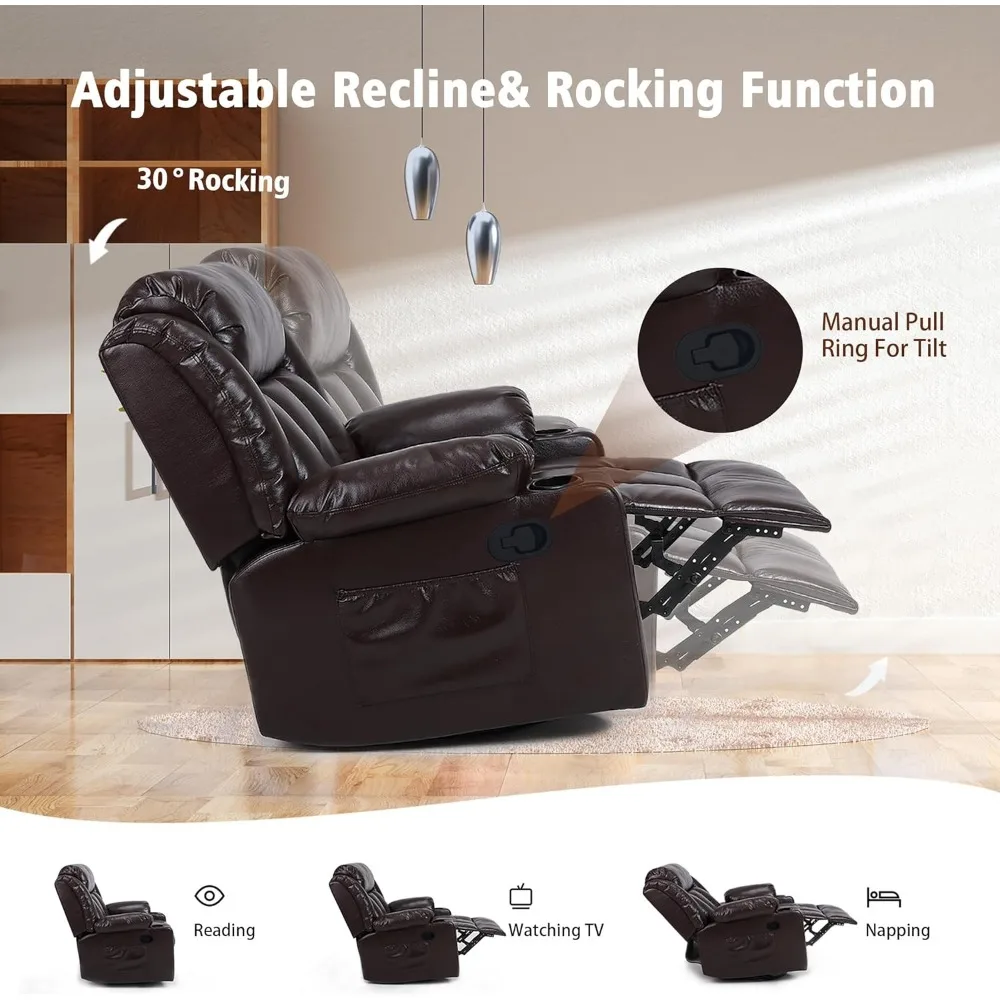 Silla reclinable basculante para adultos, planeador giratorio reclinable Manual grande sobrerelleno con masaje y calor, tapizado suave