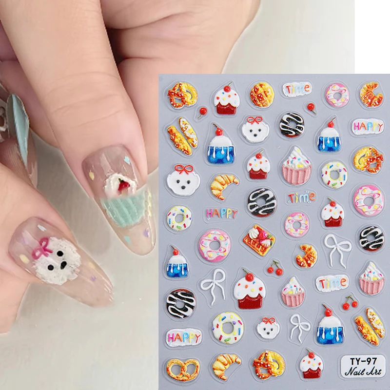 Cake Donut Ice Cream Design Cute 5D Soft Embossed Reliefs Self Adhesive Nail Art Stickers Cartoon 3D Manicure Decals