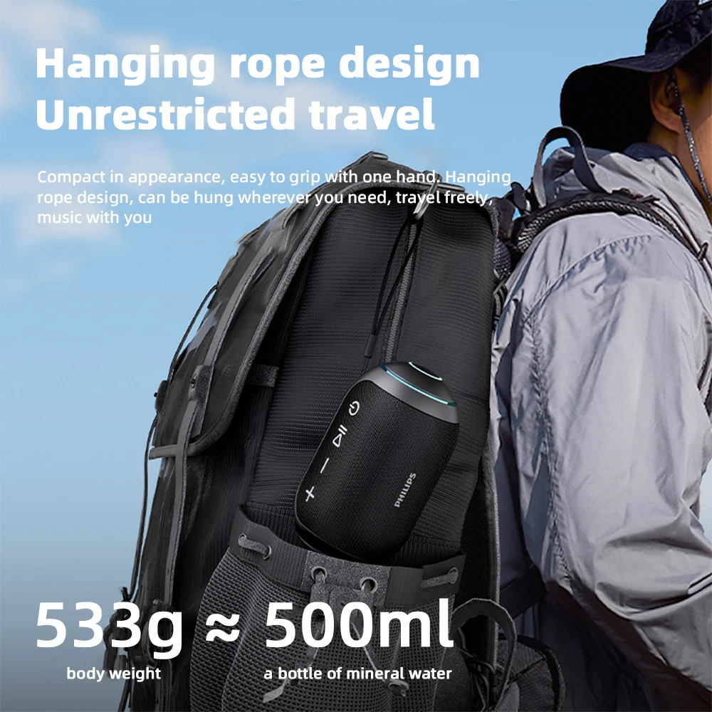필립스 TAS3209 야외 휴대용 무선 스피커 컬러풀 조명 1800mAh 배터리 수명 캠핑용 멋진 음악 크기 비교