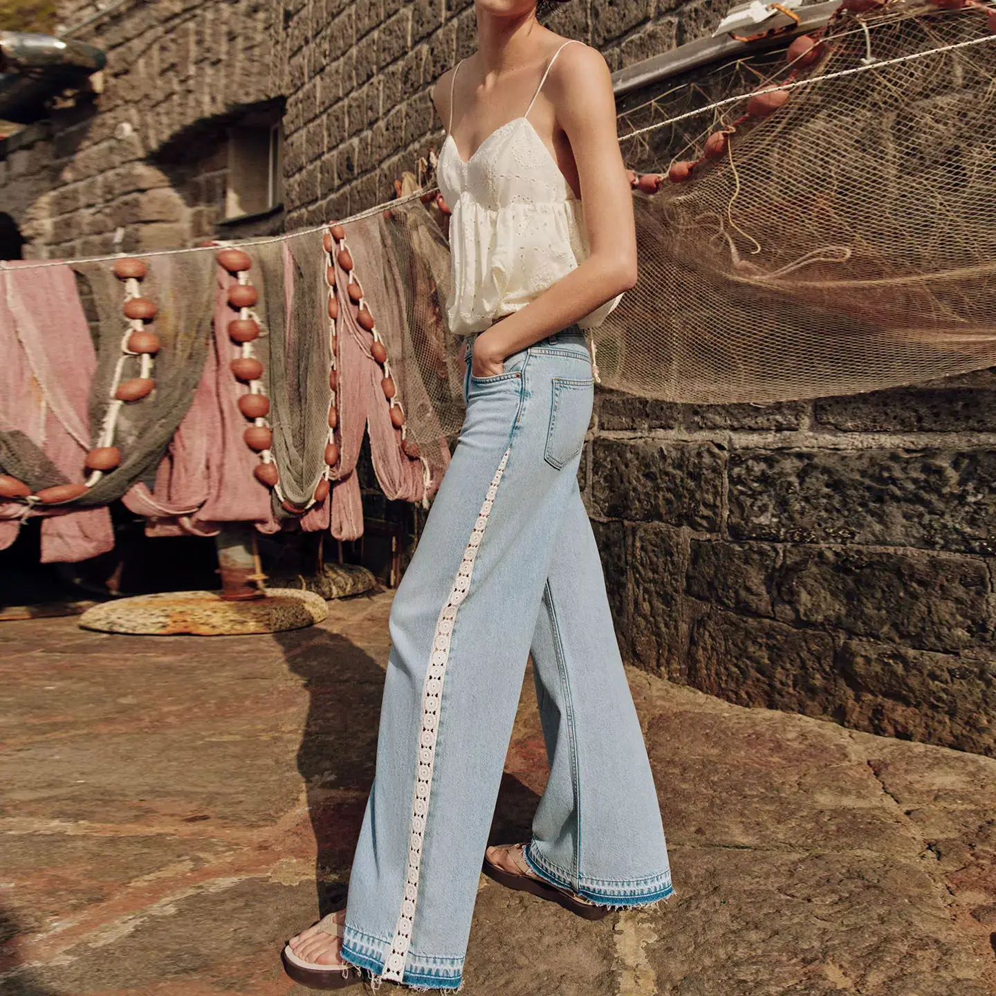 High Waist Wide Leg Spliced Hook Denim Jeans Women's Summer Fashion Match High Waist Straight Leg Wide Leg Splicing Hook Deni...