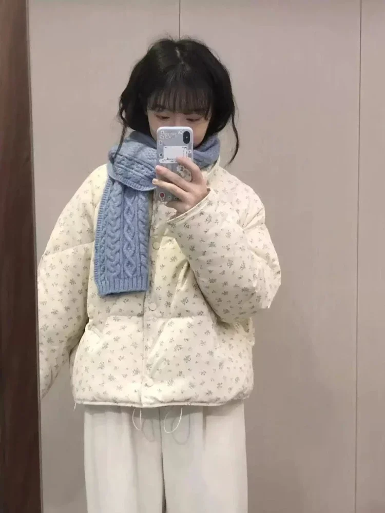 

Fashion Floral Print Down Jacket for Women 2025 Winter Korean Petite Short Thick Coat with Warmth Style