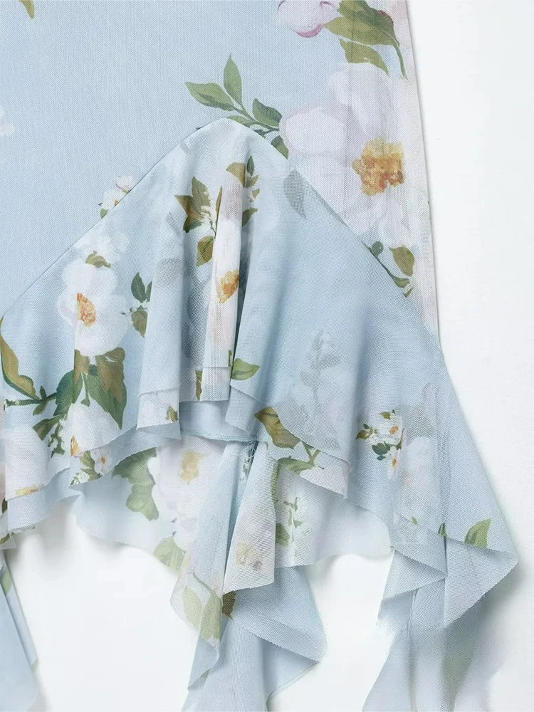 KONDALA elegante Casual mujer Cami vestido estampado sin espalda asimétrico con volantes Mini Vestidos nueva moda 2025 vestido de playa de vacaciones de verano