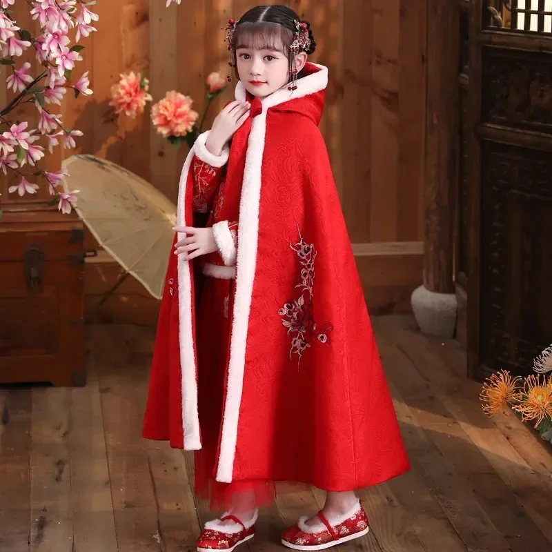 Children Girl Shawl Cloak Baby Out Windproof Hooded Coat Girl Plus Velvet Hanfu Cloak Chinese Style Autumn Winter Cape