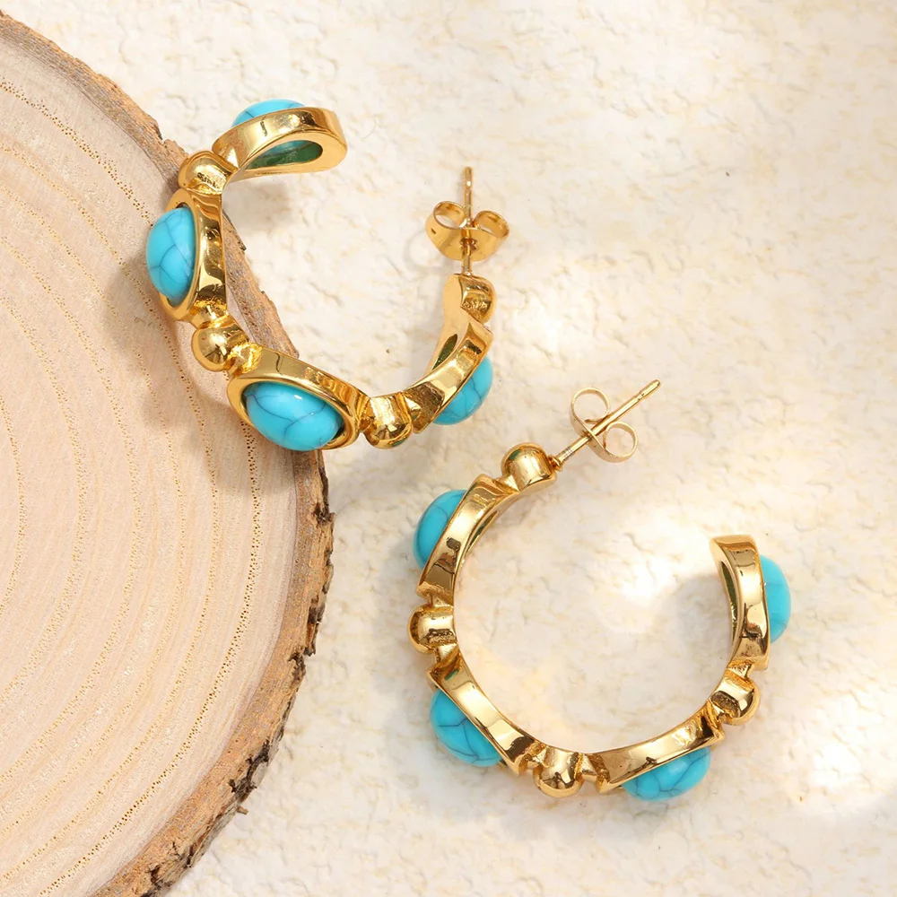 Fashion Boho Summer Turquoise Hoop Earrings for Women Geometric Round Beads Green Stone Stainless Steel Earrings Jewelry Gifts