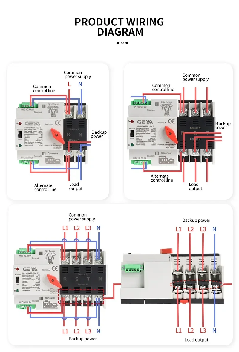 GEYA W2R ATS 110V 220V PC interruptor de transferencia automática de doble potencia 63A 100A interruptor de transferencia de energía doméstica