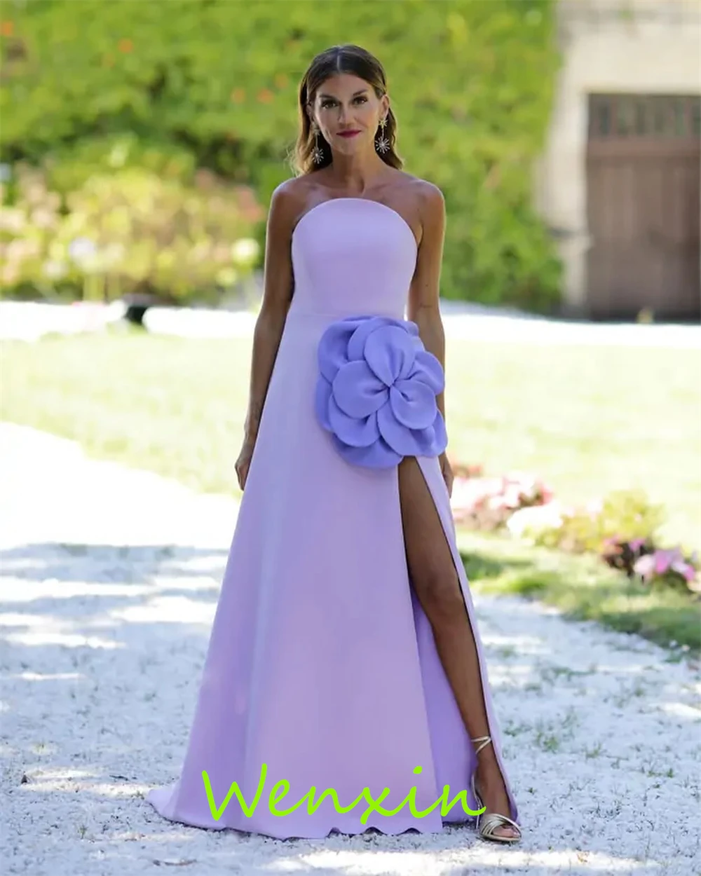 Robe de soirée personnalisée, Sexy, sans bretelles, fleurs gracieuses, ligne a, fente latérale, robes de célébrité, rubans exquis, robe de fête