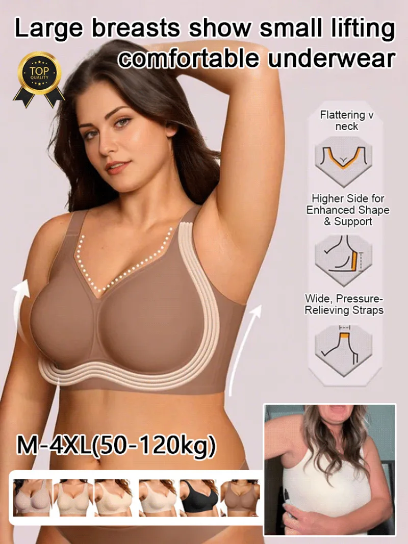 Women's Seamless Bra Full Coverage Comfortable Bra Removable Padded Push Up Lift Big Bust Show Small Posture Corrector Underwear