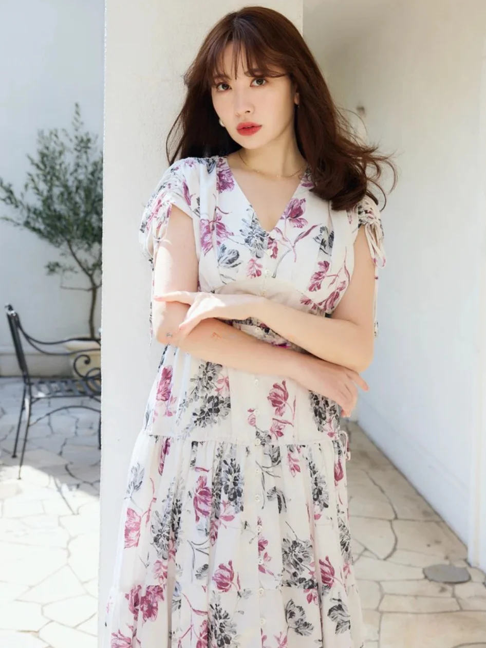 New Colors Pure round High Waist V Neck Drawstring Sleeve Romantc Flower Print Dress Japanese Style Sweet a Line Skirt Dress