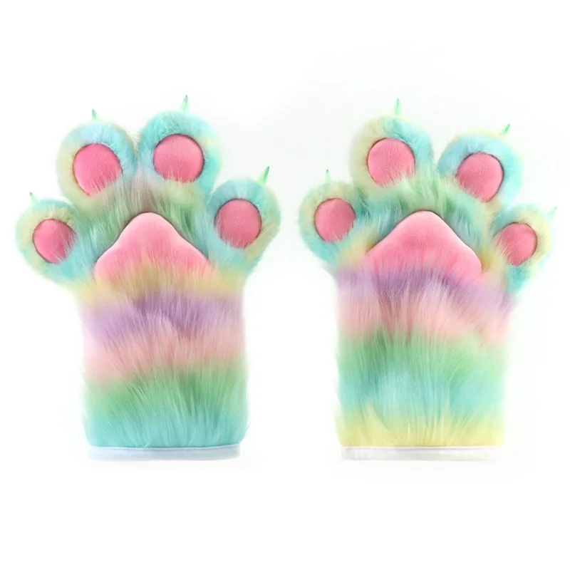 Furry Cat Claw Rainbow Gloves Beast Paw Mittens with Nail Fursuit Party Anime Carnival Cosplay Costumes Props