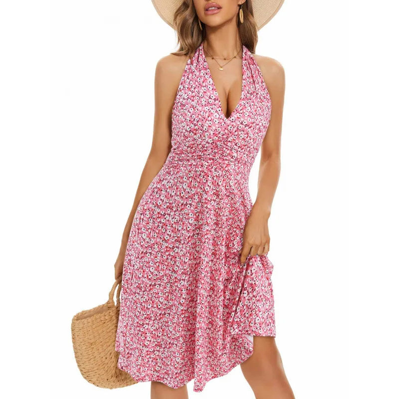 Sexy Boho Women's Summer Mini Dress Elegant Bohemian Floral Printed Beach Sundress Casual Sleeveless Deep V-Neck Dresses Vestido