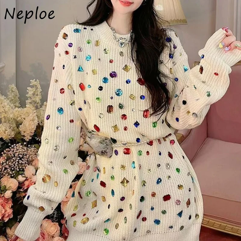 Neploe Autumn O Neck Solid Color Long Sleeve Pull Femme Vintage Knitted Pullover Sweater Y2k Diamonds Loose Casual Jumpers