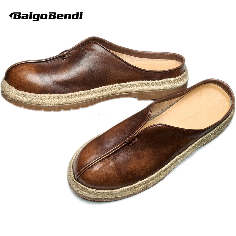 New Summer Handmade Retro Monk Slip-on Fisherman Woven Shoes Men's Casual Cowhide Leather Loafers