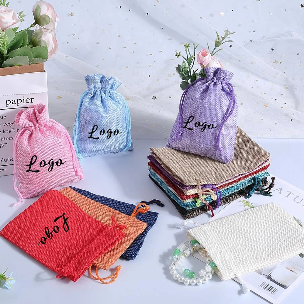 

100Pack Custom Multicolor Burlap Gift Bags 5.5" x 3.9" Polyester Linen Favor Drawstring Bags for Jewelry Wedding Favors Present