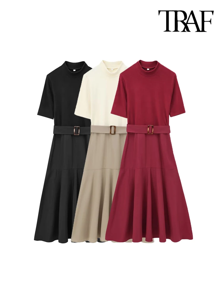 TRAF Women Fashion With Belt Patchwork Midi Dress O Neck Short Sleeve Female Dresses Vestidos Mujer