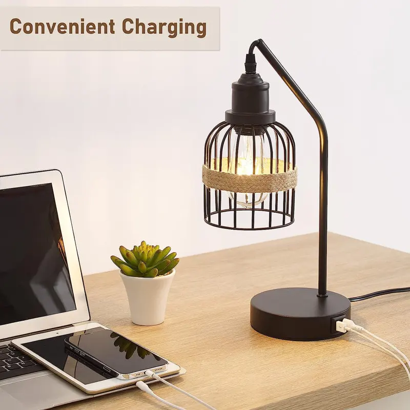 2 Set Industrial Nightstand Table Lamp,3-Way Dimmable ,Matte Black Lamp With Hemp Rope Metal Shade,For LivingRoom,Bedroom,Office