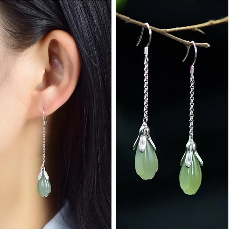 Romantic Long Jade Flower Bud Drop Earrings Female Jewelry Beautiful Earline Earrings Silver 925 Hooks Women Ear Accessories