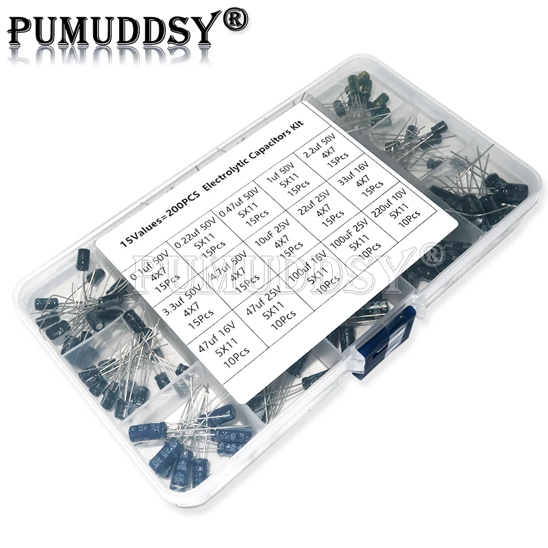 Ibuw 15Values 200PCS/LOT Electrolytic Capacitor Organization Storage 0.1-220uF Capacitors Assortment Box Kit