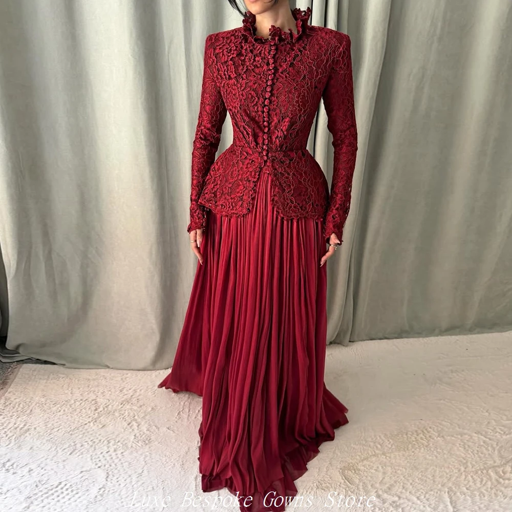 

Women's Formal Evening Gowns A-line Floor-length High-neck Full Sleeve Prom Dresses Fashion Lace Simple Draped Customized Gowns