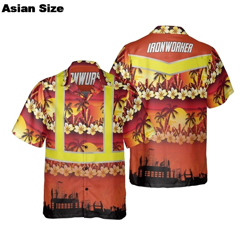 Tropical Ironworker 3D Print Shirts For Men Clothes Unique Work Beach Shirt Casual Worker Graphic Short Sleeve Hawaiian Blouses